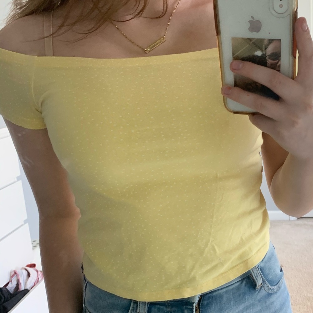 pacsun yellow polkadot off the shoulder shirt